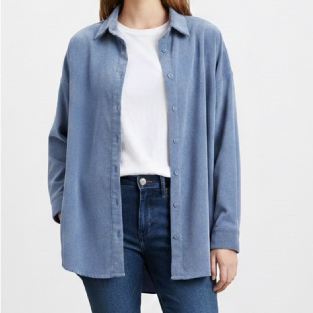 Zara Fine Waled Blue Corduroy Oversized Button Down Shirt with Pockets XS
